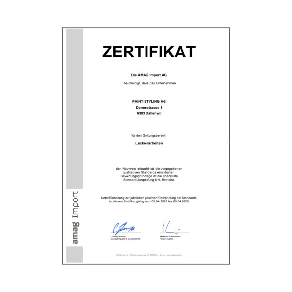 Paint Styling Unternehmen Urkunde Amag 2026