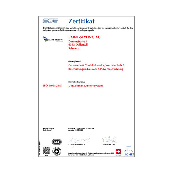 Paint Styling Unternehmen Urkunde ISO 14001